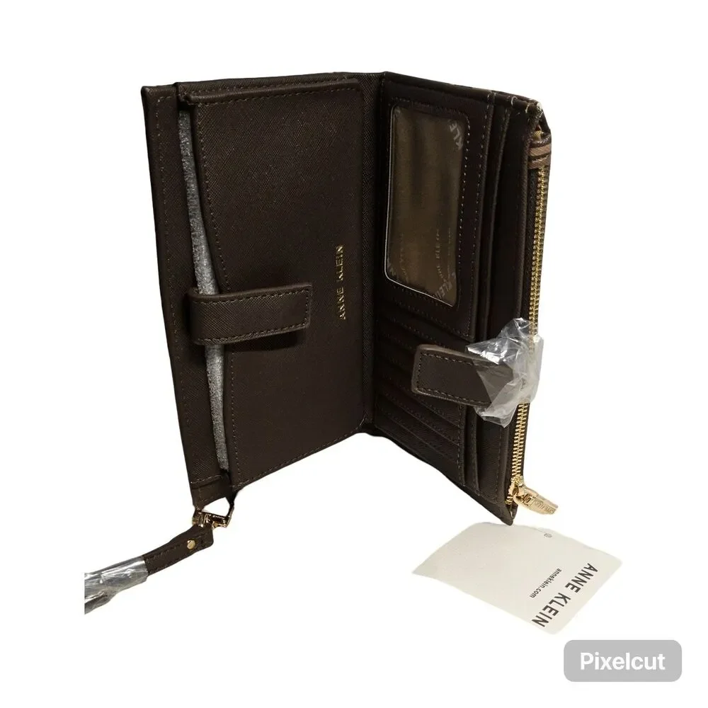 New Anne Klein Wristlet Wallet Espresso And Gold Hardware With Lion Accent #52